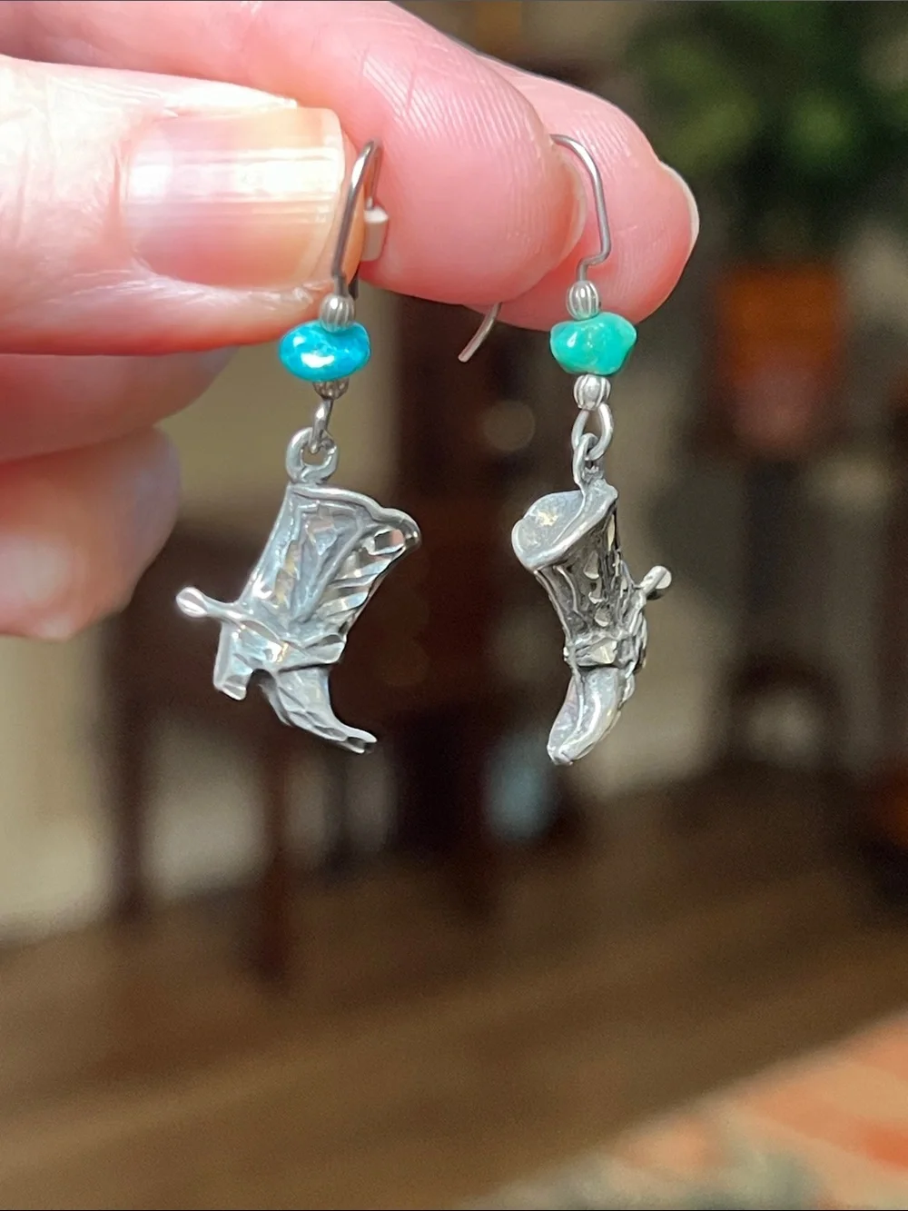 Vintage Southwestern Silver Turquoise Chip Cowboy Cowgirl Boot Dangle Earrings